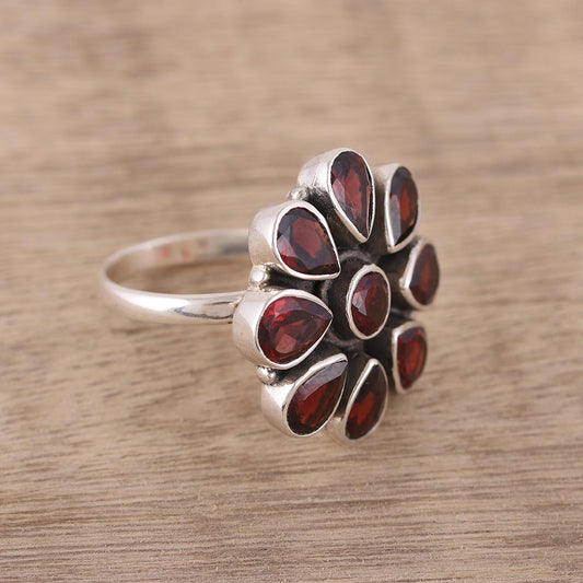 Floral Glamour Garnet Ring and Sterling Silver Ring Flower Jewelry