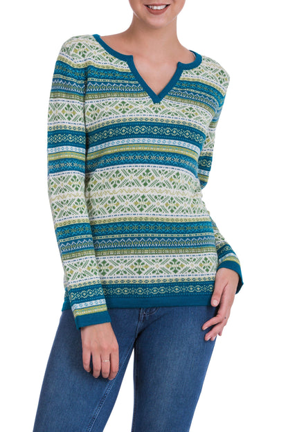 Snowflake Meadow Green and Blue on White 100% Alpaca V-Neck Sweater