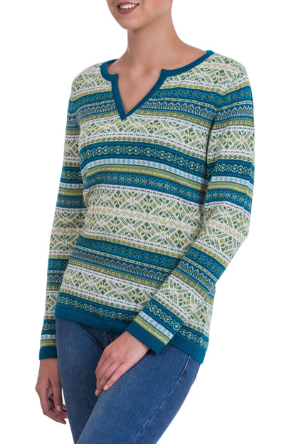 Snowflake Meadow Green and Blue on White 100% Alpaca V-Neck Sweater