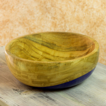 Spicy Blue Dip Painted Hand Carved Wood Bowl (large)