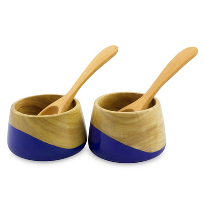 Spicy Blue Salsa Bowls and Spoons Hand Crafted (pair)