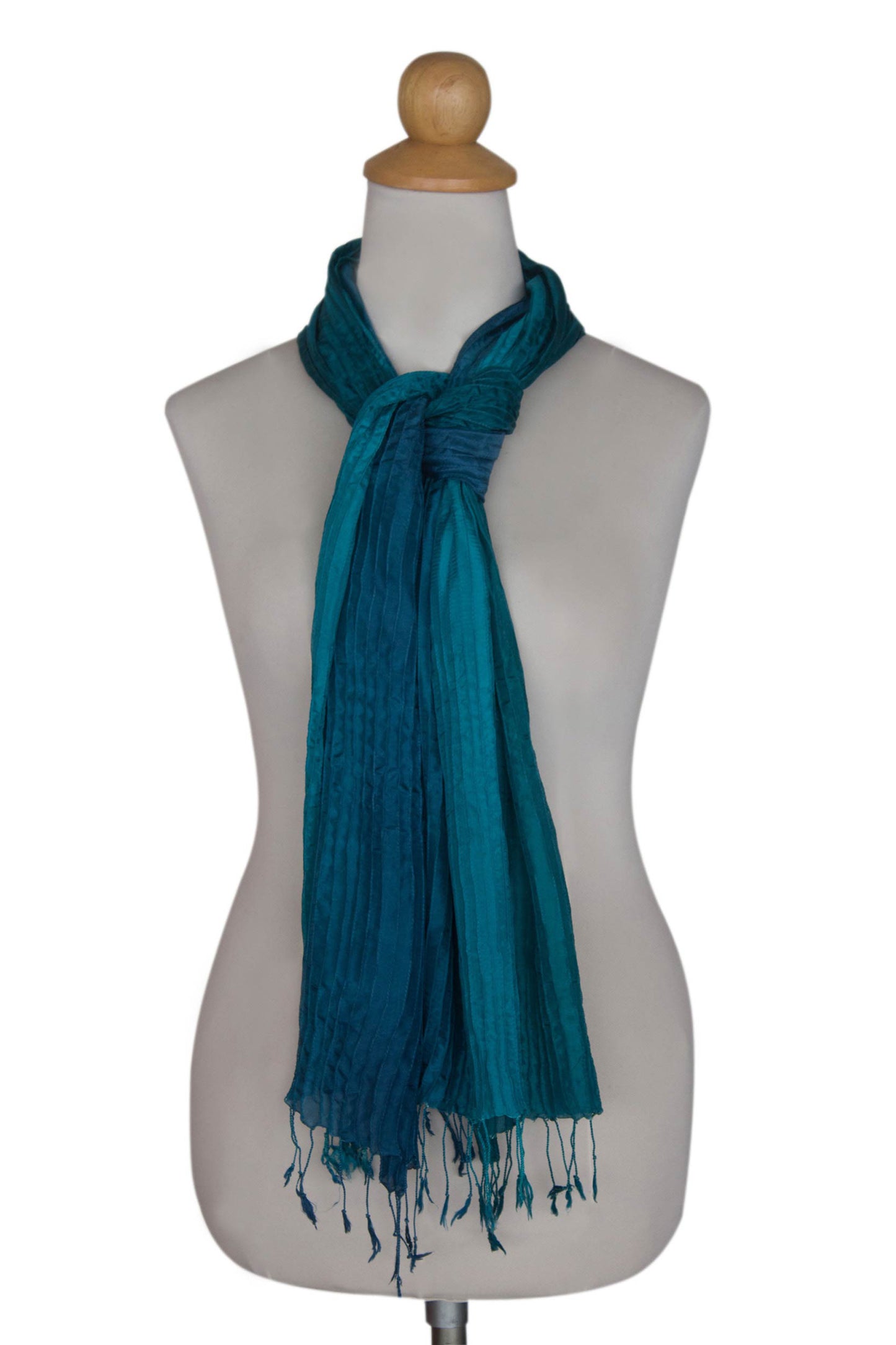Aqua Turquoise Transition Hand Dyed Pin Tuck Silk Scarf