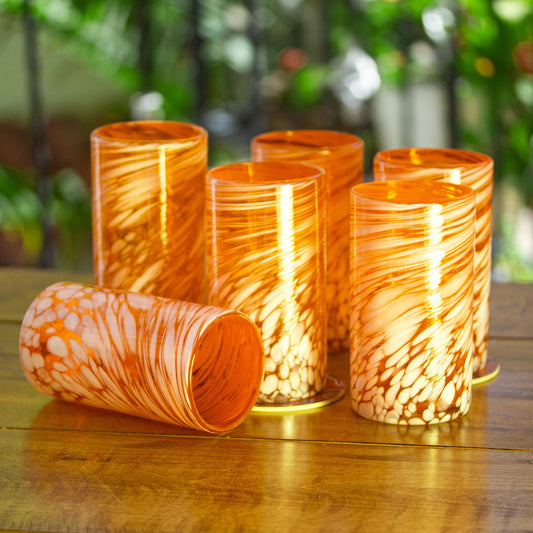 Festive Orange Set of 6 Orange Artisan Crafted Hand Blown Glasses
