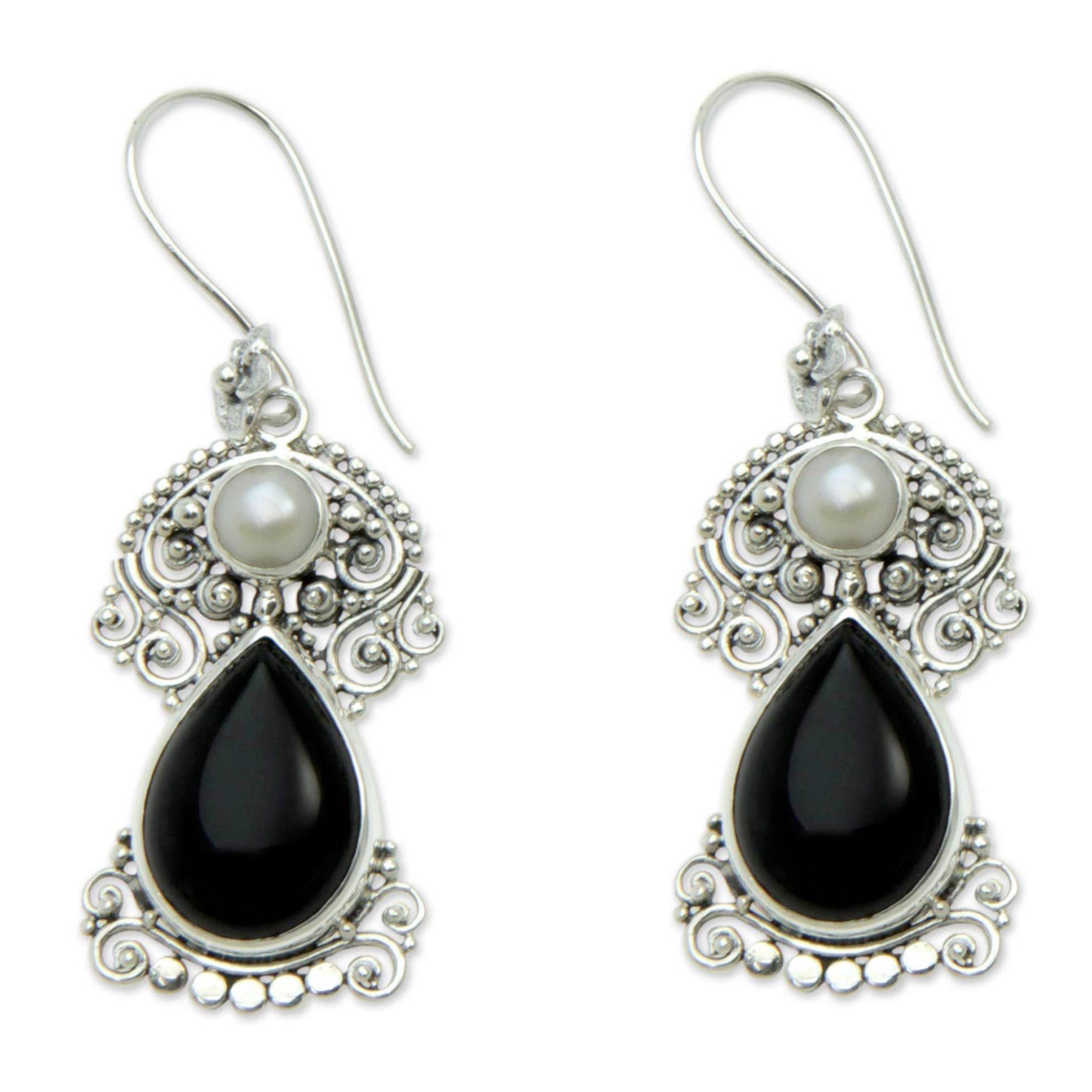 Frangipani Onyx & Pearl Dangle Earrings