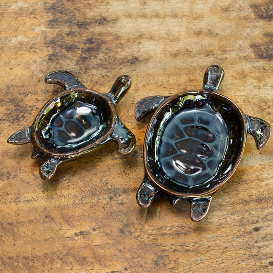 Indigo Thai Turtles Handcrafted Ceramic Bowls from Thailand (pair)