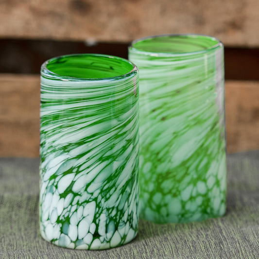 Festive Green Set of 6 Green Artisan Crafted Hand Blown Glasses