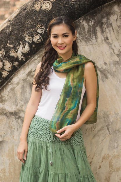 Green Thai River Tie-Dye Green and Blue Silk Scarf from Thailand