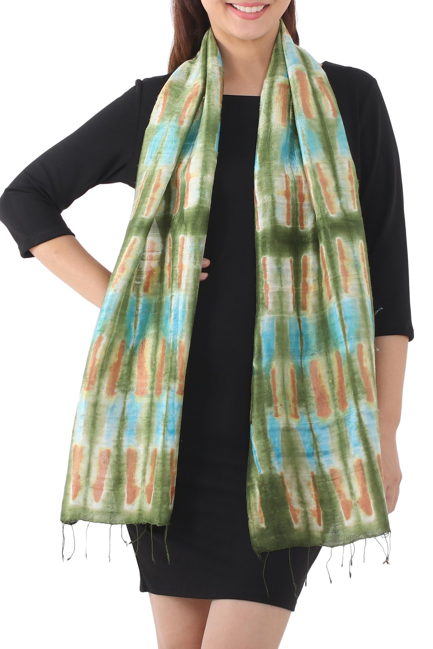 Green Thai River Tie-Dye Green and Blue Silk Scarf from Thailand