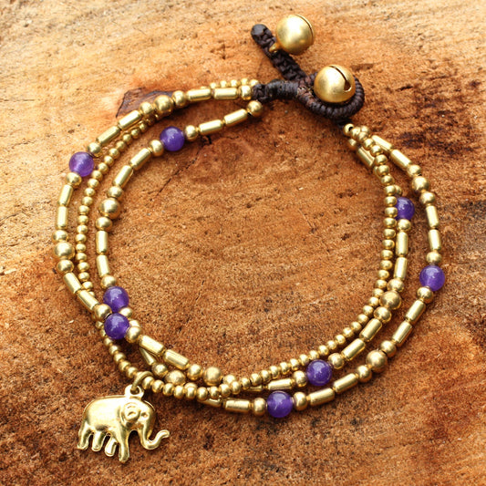 Purple Elephant Charm Brass Bracelet Purple-color Gems Beaded Jewelry