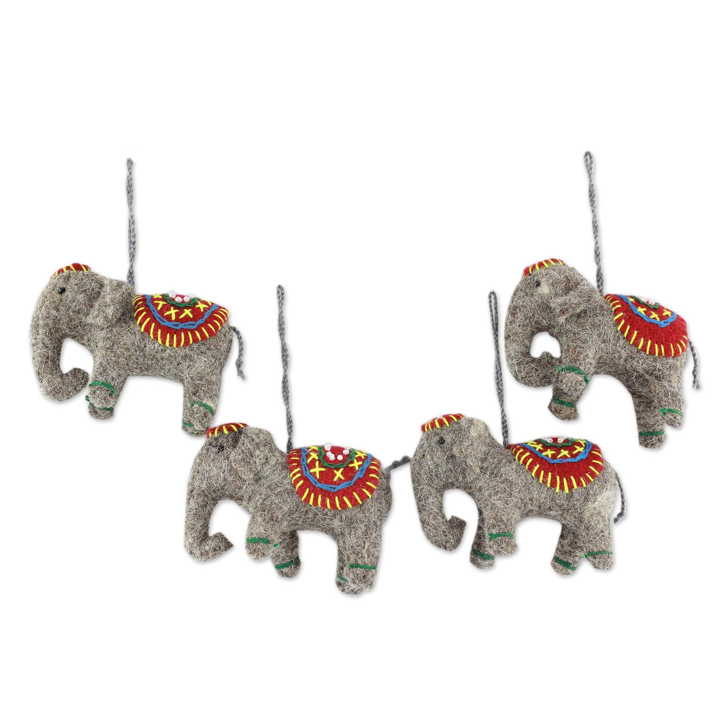 Elephants in Red Set of 4 Handmade Elephant Ornaments