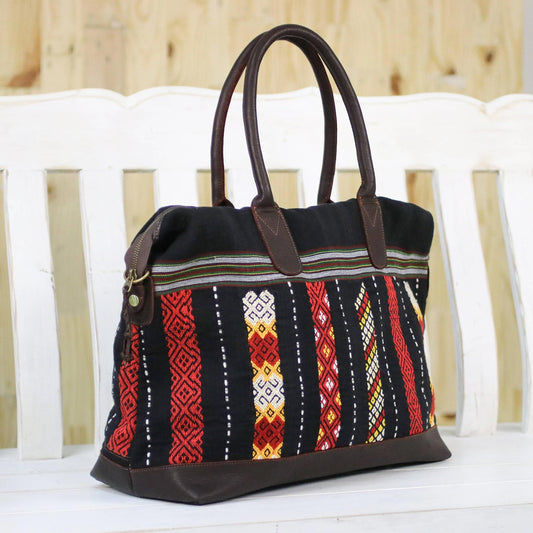 Naga Midnight Leather Accent Tribal Cotton Shoulder Bag