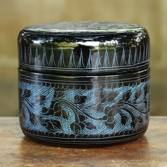 Exotic Blue Flora Round Decorative Box Handcrafted Lacquered Wood
