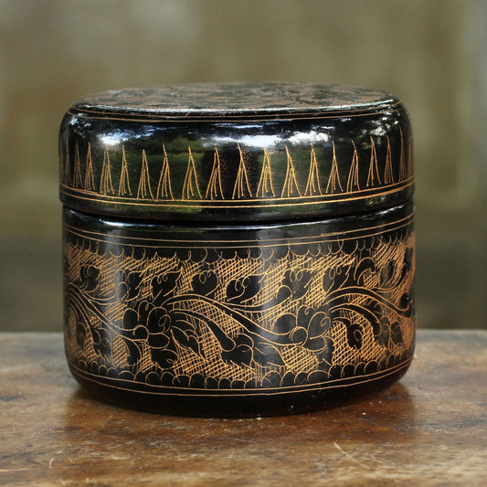 Exotic Golden Flora Round Decorative Box Handcrafted Lacquered Wood