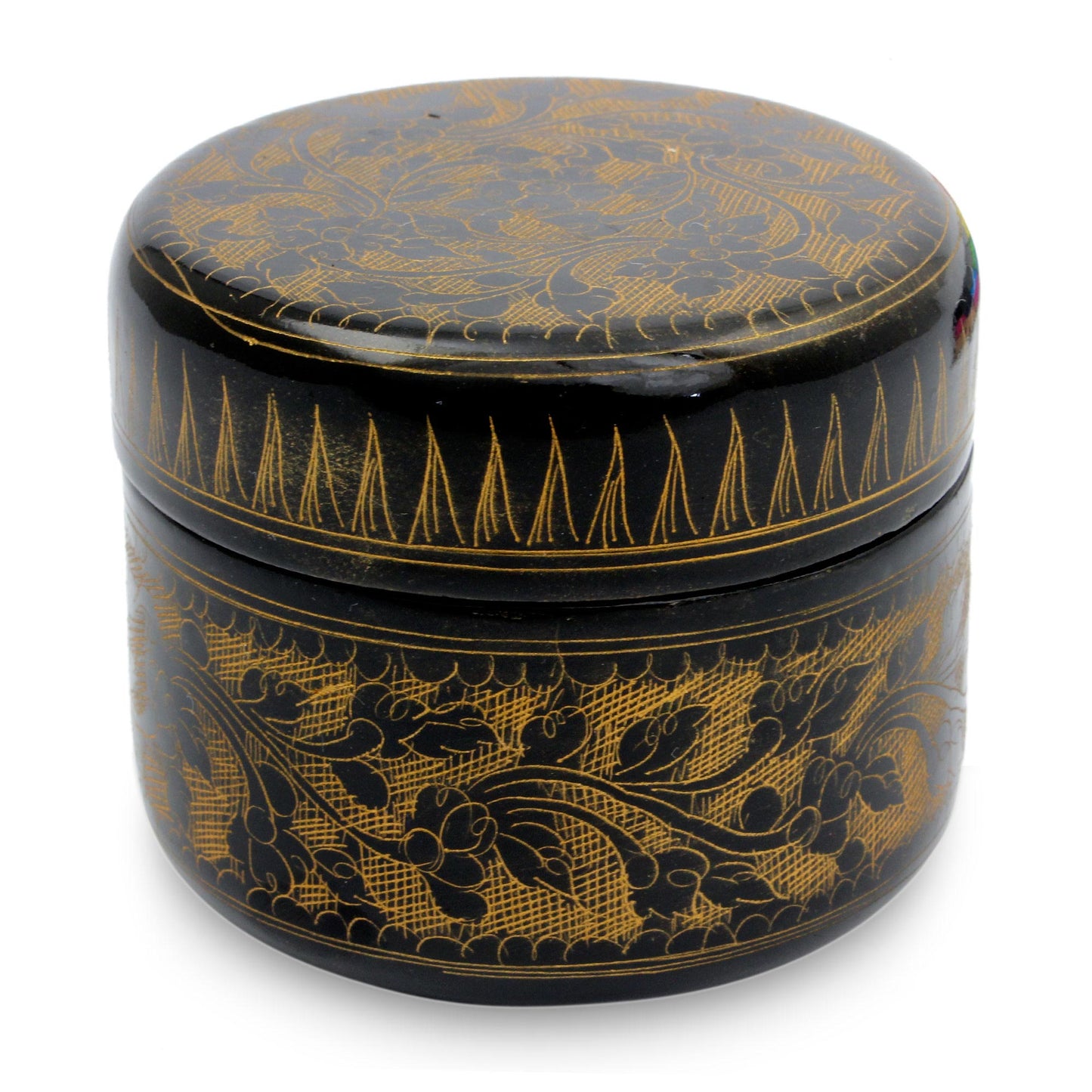 Exotic Golden Flora Round Decorative Box Handcrafted Lacquered Wood