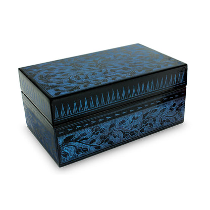 Blue Thai Fantasy Floral Decorative Box in Handcrafted Lacquered Wood