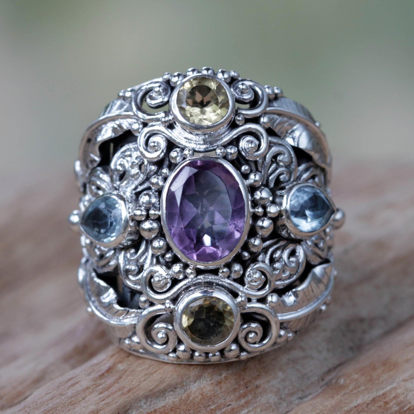 Butterfly Queen Balinese Amethyst and Blue Topaz Silver Cocktail Ring