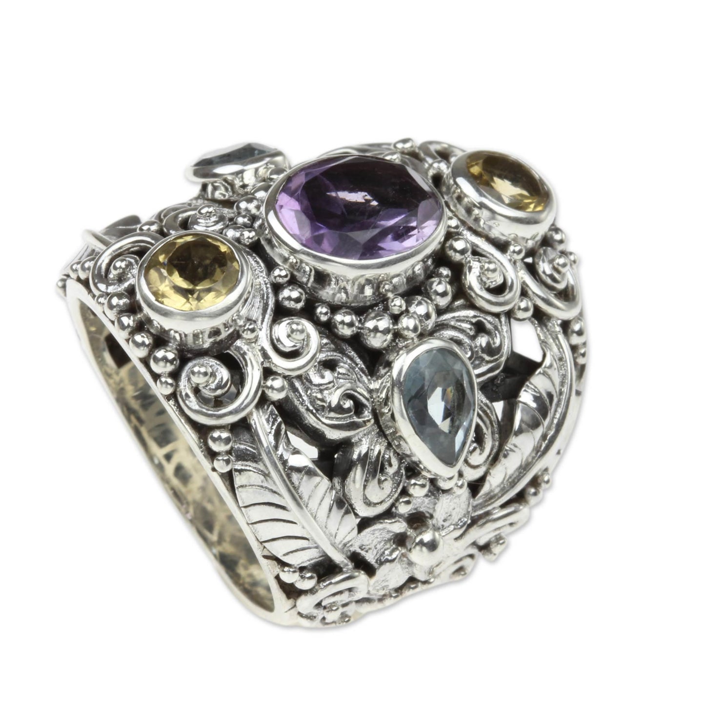 Butterfly Queen Balinese Amethyst and Blue Topaz Silver Cocktail Ring