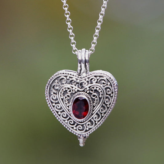 Always In My Heart Garnet Silver Filigree Locket Necklace