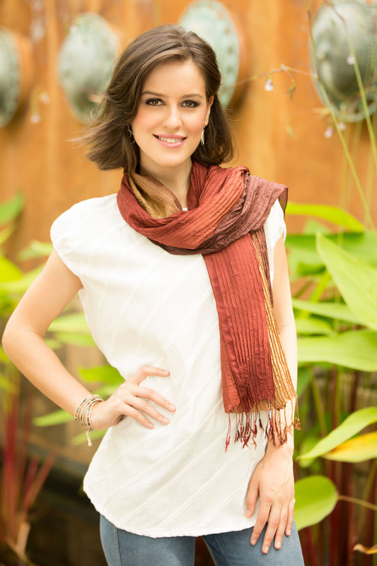 Golden Brown Transition Hand-dyed Silk Scarf from Thailand
