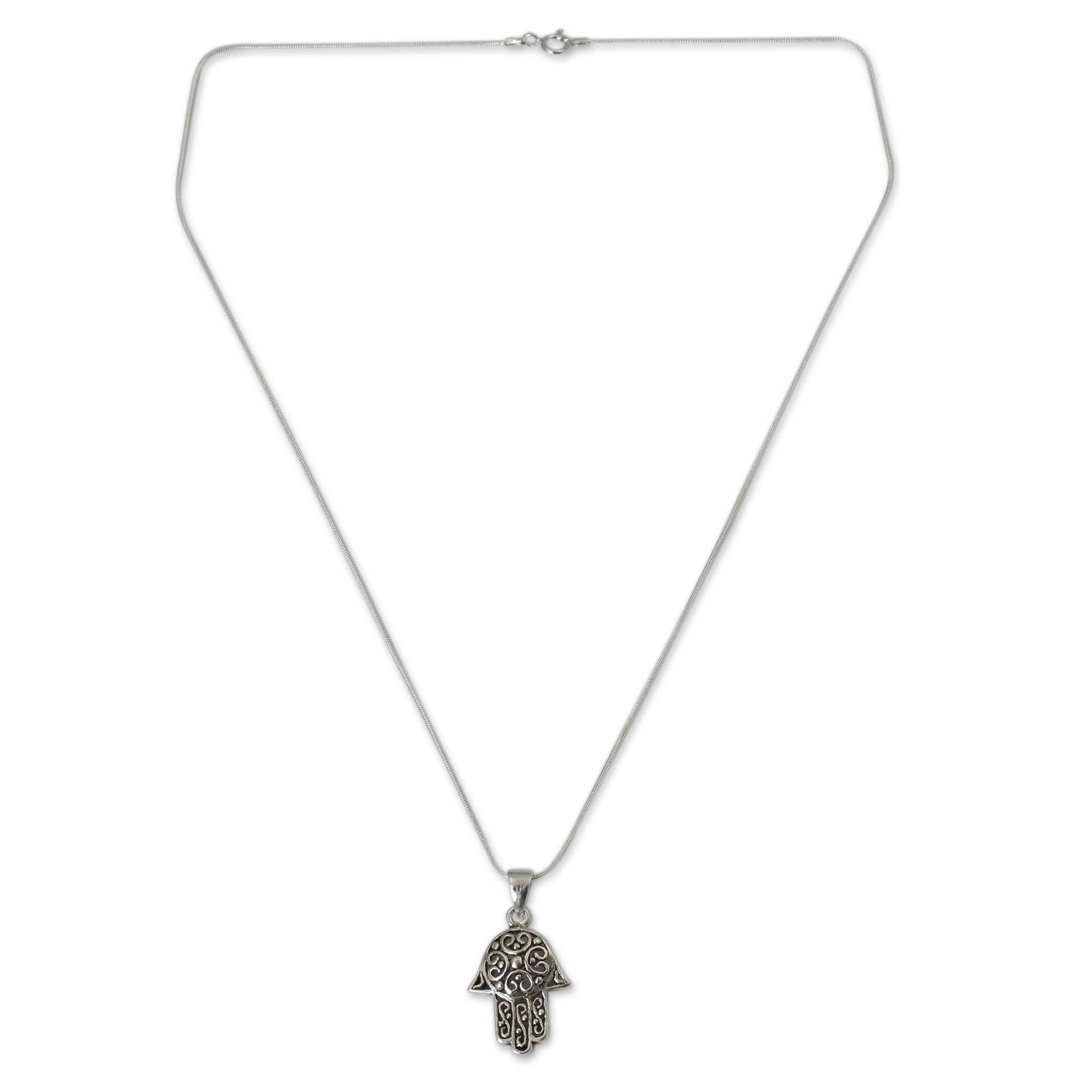 NOVICA - Silver Pendant Hamsa Necklace