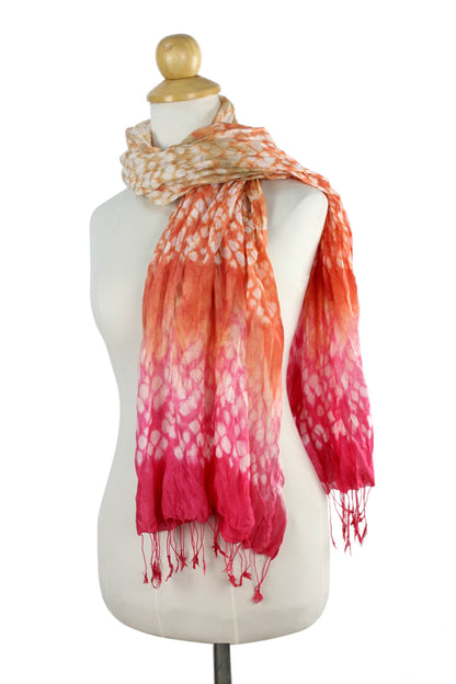 Fabulous Peach Orange and Pink Tie Dye Silk Blend Scarf