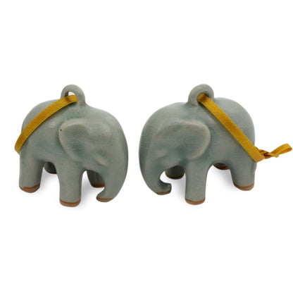 Light Blue Elephant Crackled Green Celadon Ceramic Ornaments (Pair)