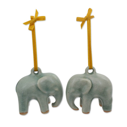 Light Blue Elephant Crackled Green Celadon Ceramic Ornaments (Pair)