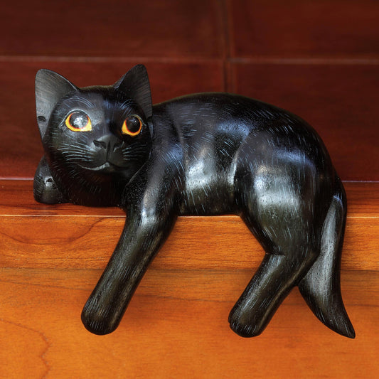 Black Cat Relaxes Signed Balinese Black Cat Sculpture