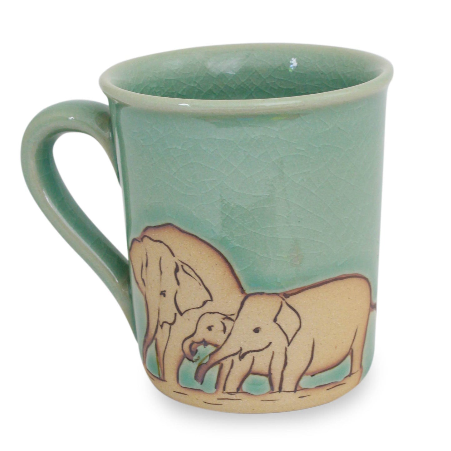 Blue Elephant Family Blue and Brown Elephant Theme Celadon Ceramic Mug