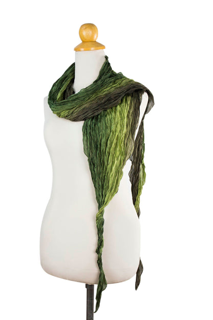 Summer Forest Hand Dyed Crinkle Pleated 100% Silk Scarf in Green Shades