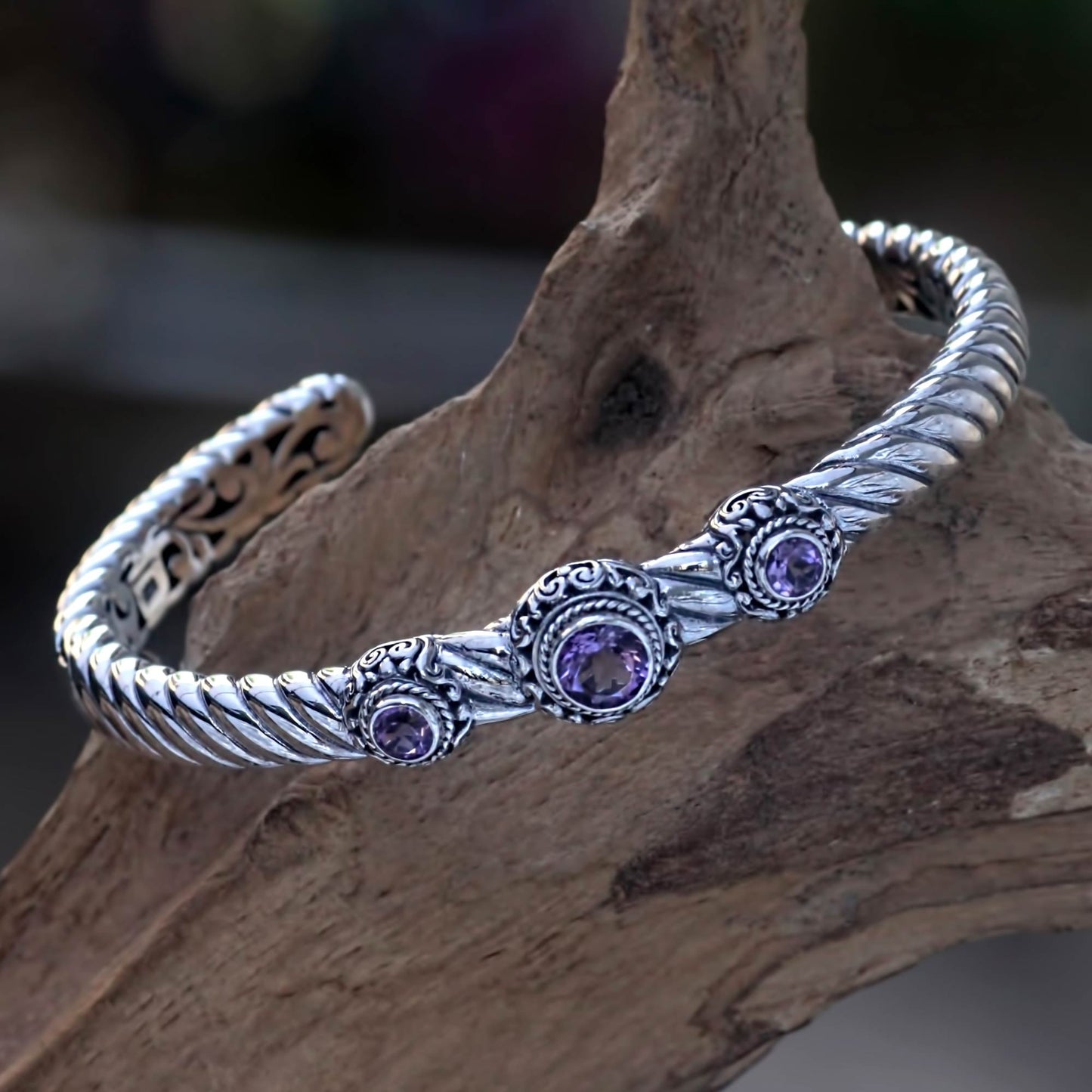 Triple Crown in Purple Amethyst and Sterling Silver Cuff Bracelet from Bali