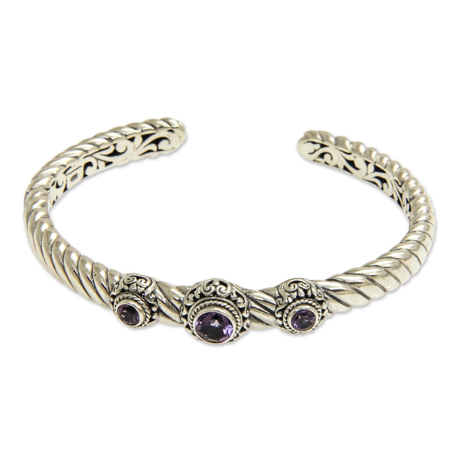 Triple Crown in Purple Amethyst and Sterling Silver Cuff Bracelet from Bali