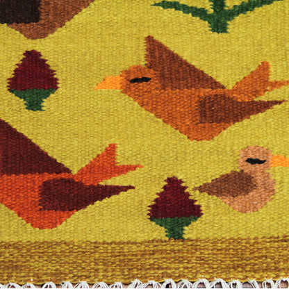 Birds on the Wing Peruvian Handwoven Yellow Wool Rug with Birds