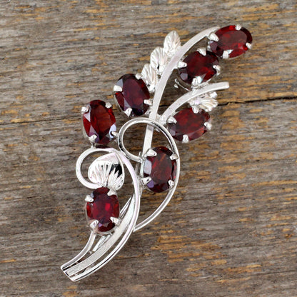 Floral Passion Garnet and Sterling Silver Floral Brooch Pin from India