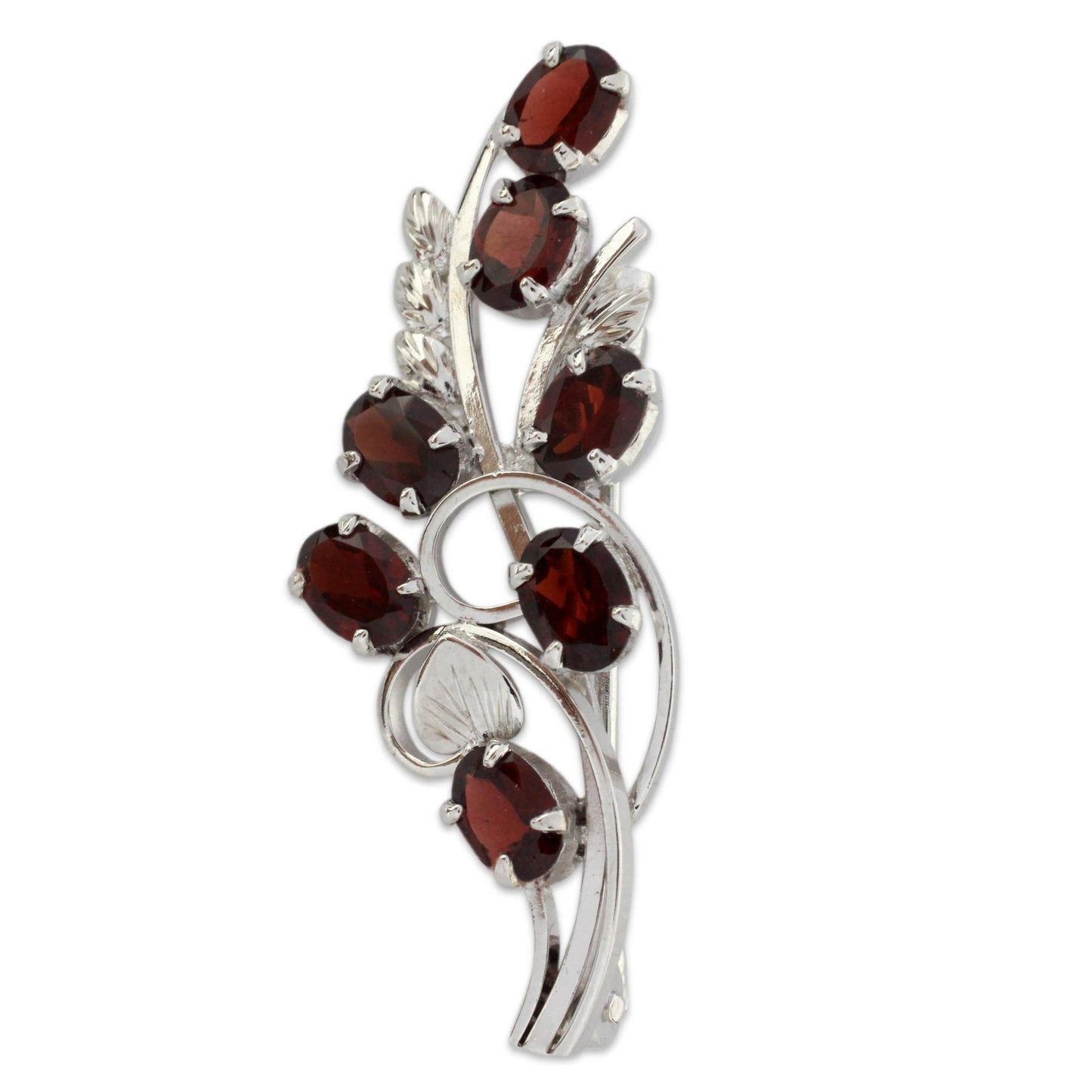 Floral Passion Garnet and Sterling Silver Floral Brooch Pin from India