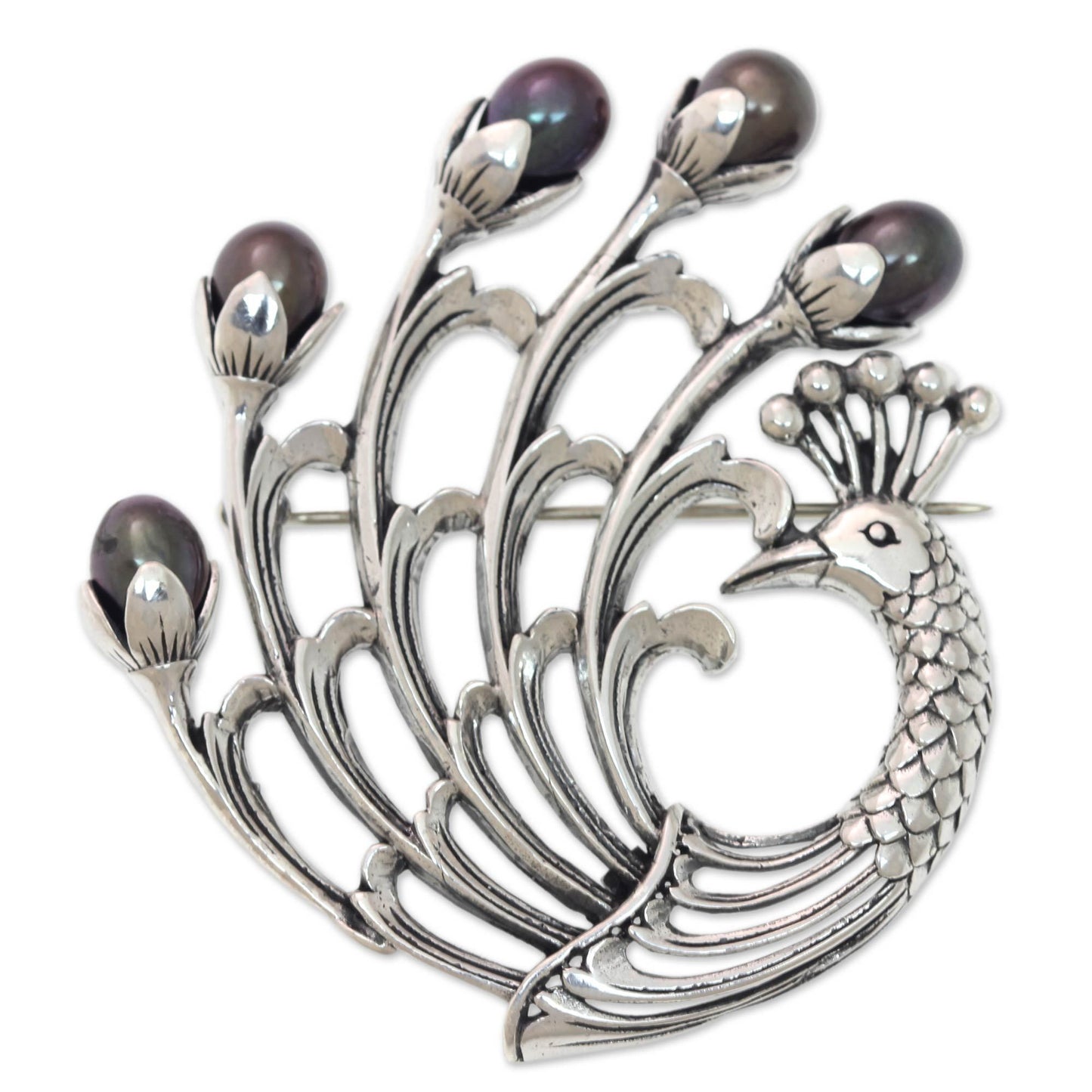 Magnificent Peacock Black Pearl & Sterling Silver Brooch