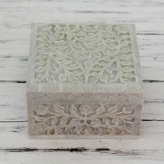 Leafy Bower Hand Carved Natural Soapstone Jewelry Box from India