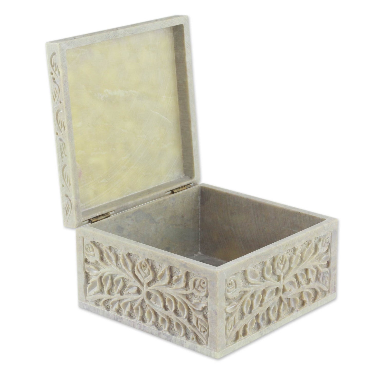 Leafy Bower Hand Carved Natural Soapstone Jewelry Box from India