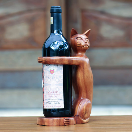 Wine-Loving Cat Hand Carved Wooden Cat Wine Bottle Holder