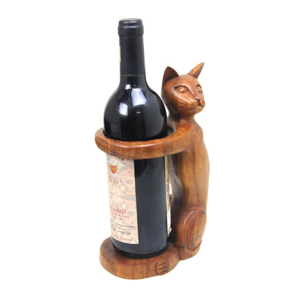 Wine-Loving Cat Hand Carved Wooden Cat Wine Bottle Holder
