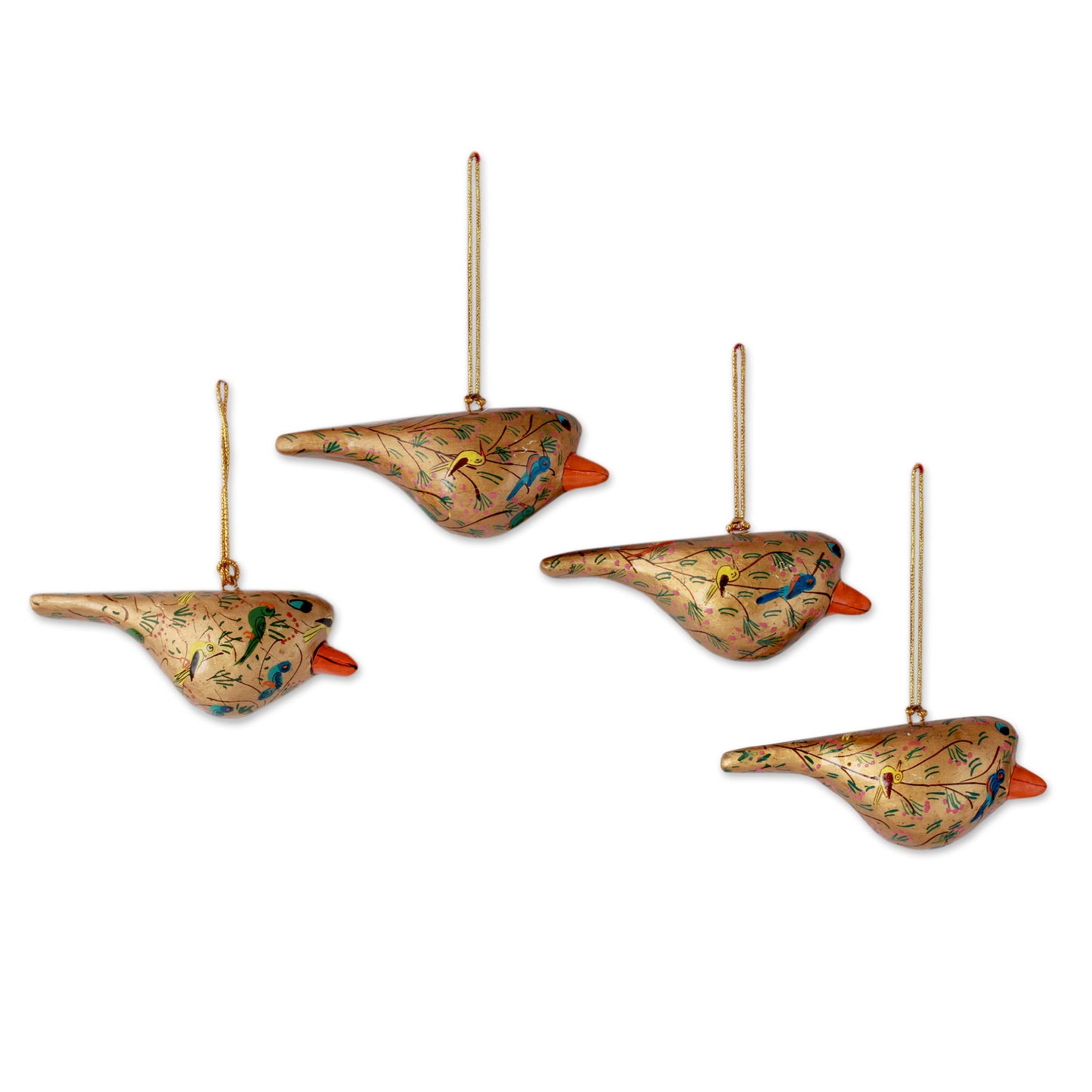 Peace and Joy Handcrafted Golden Papier Mache Bird Ornaments (set of 4)