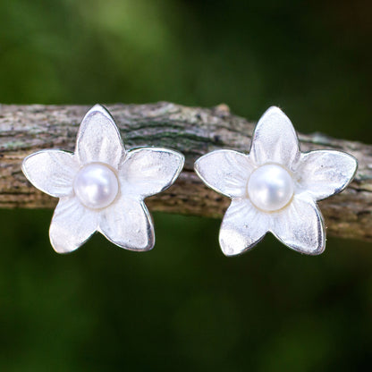 Blossom Pearl Silver Flower Button Earrings