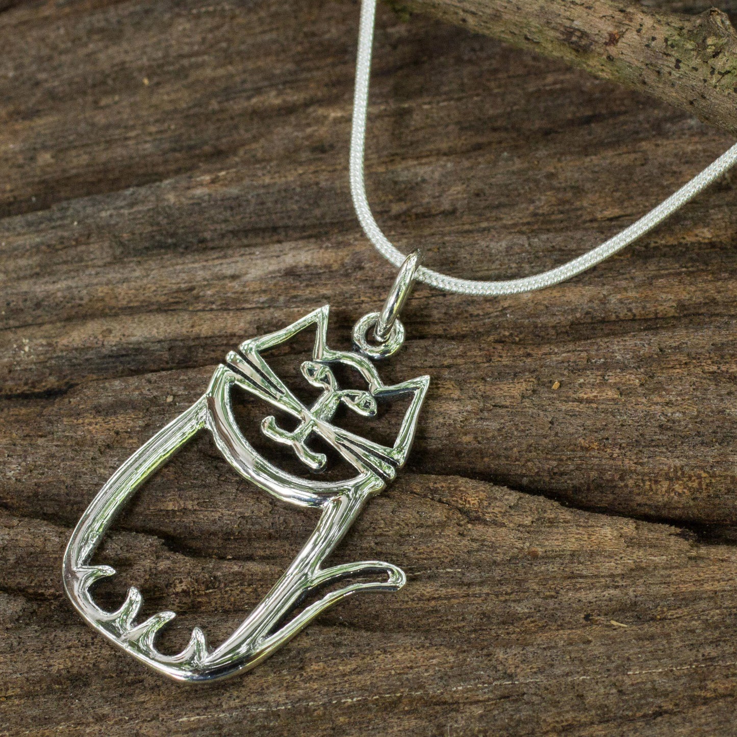 Whimsical Cat Sterling Silver Pendant Necklace