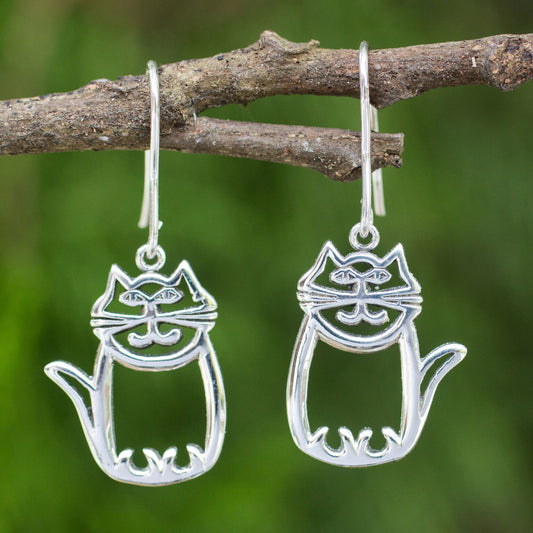 Whimsical Cat Silver Dangle Earrings