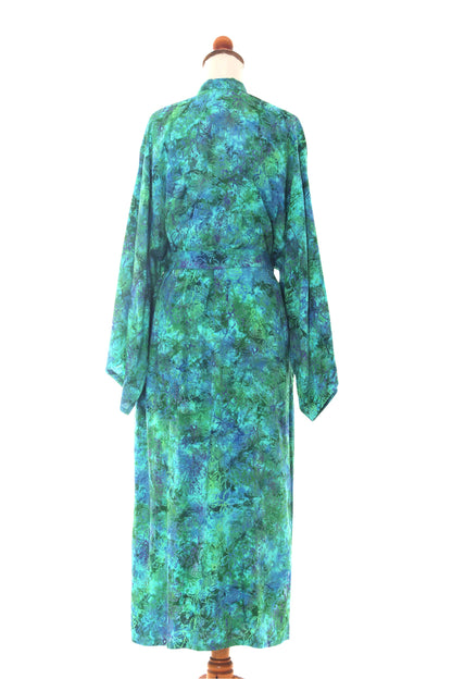 Ocean Jungle Green and Blue Tie-Dye and Batik Rayon Belted Robe