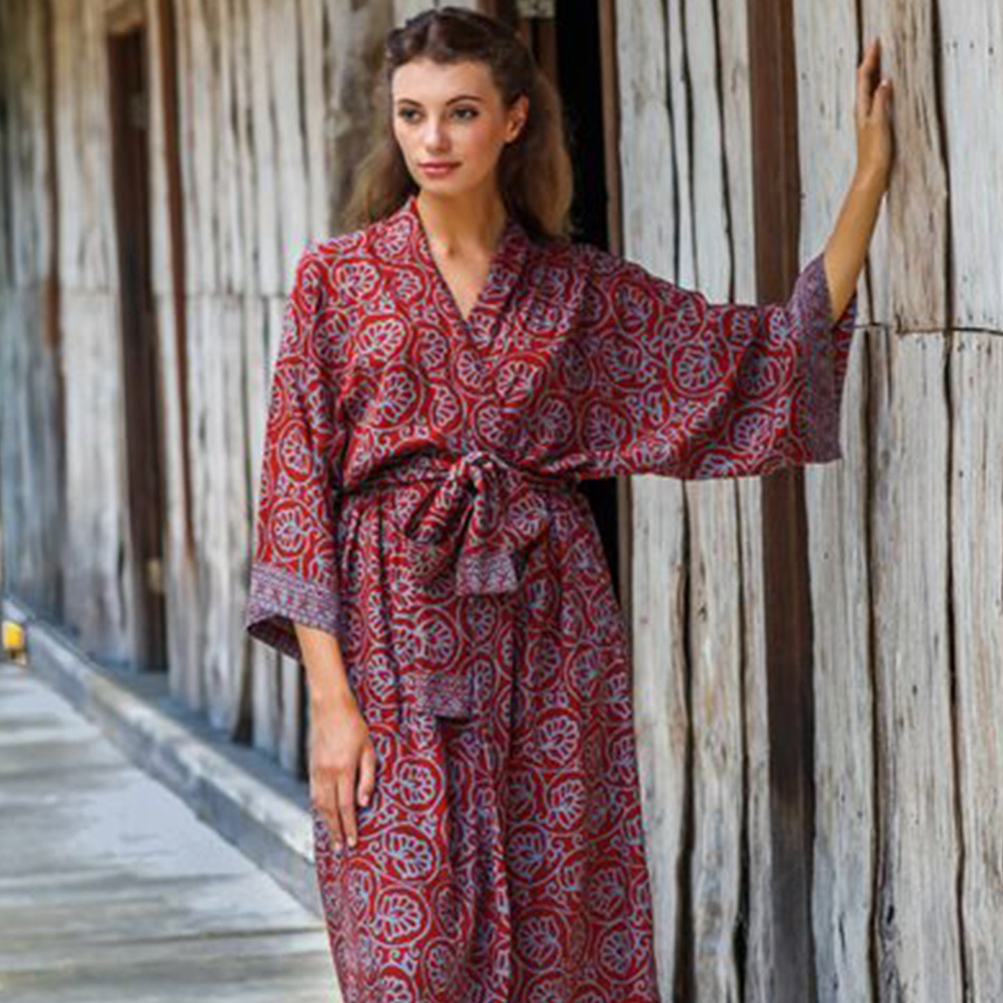 Burgundy Floral Batik Robe