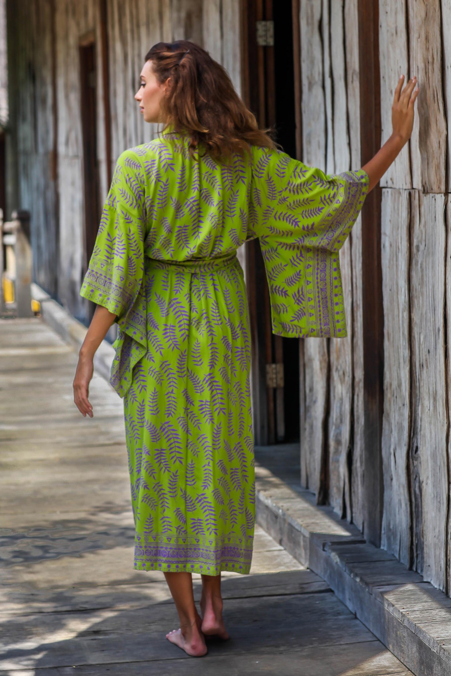 Tropical Fern Forest Balinese Green and Purple Fern Leaf Rayon Kimono Style Robe