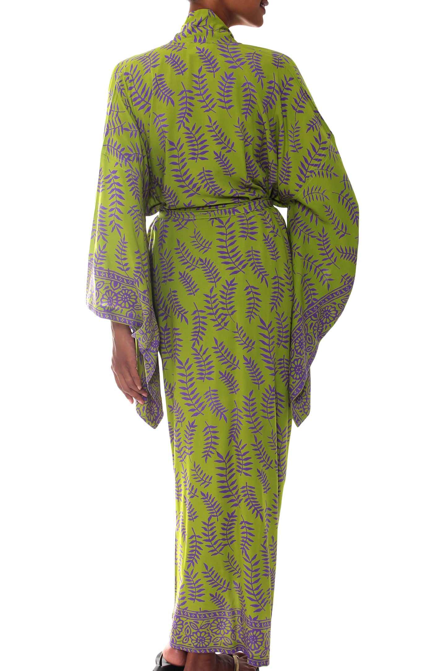 Tropical Fern Forest Balinese Green and Purple Fern Leaf Rayon Kimono Style Robe