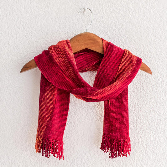Crimson Embrace Red and Burgundy Handwoven Rayon Chenille Scarf