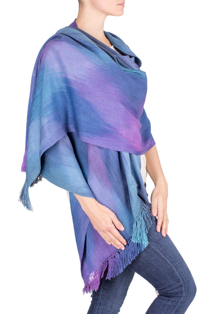 Blue Orchids Guatemalan Hand Woven Shawl in Blues and Orchids